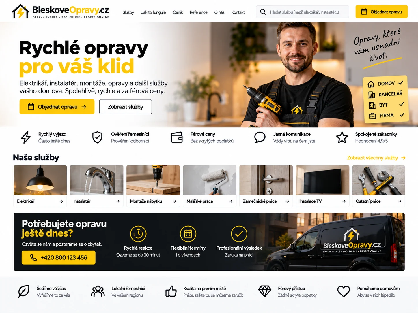 Ilustrační návrh pro BleskoveOpravy.cz: objednávkový web pro domácí opravy
